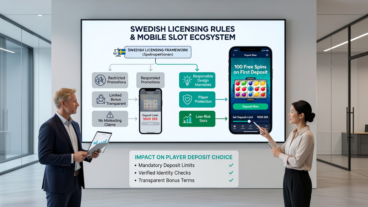 Close-up of a licensed Swedish casino app highlighting secure deposit buttons and promotional terms during mobile slot play